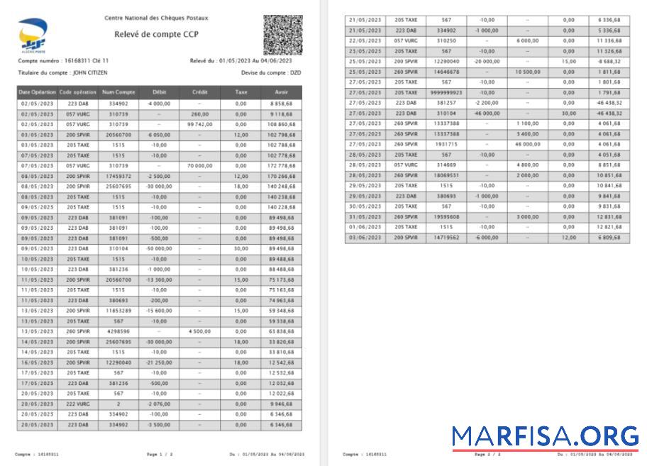 Downloadable France France National Center for Postal Checks CCP account statement word download for verification